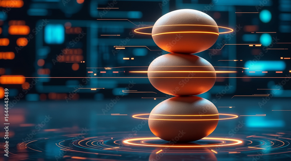 Poster contaminated eggs concept ,stack of eggs with digital warning scan lines, showcasing futuristic desi