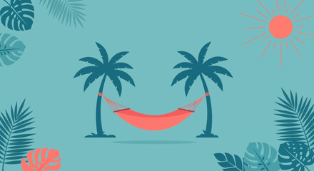 Tropical relaxation illustration featuring hammock, palm trees, and sun design