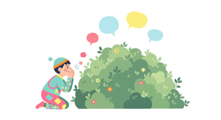 Fototapeta premium Whimsical illustration of a child whispering secrets to a flowering bush with speech bubbles hinting at hidden conversations and imaginative play