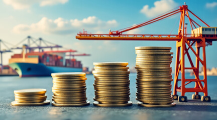 Export tariff concept ,Stacked coins morphing into shipping cranes symbolize trade growth and economic development