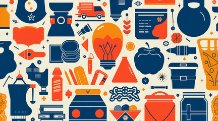 Colorful icons representing various items and tools, including kitchenware, office supplies, and produce, create vibrant