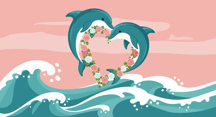 Obraz premium Two dolphins form a heart shape with flowers jumping over the waves in illustration style, perfect for a summer themed graphic