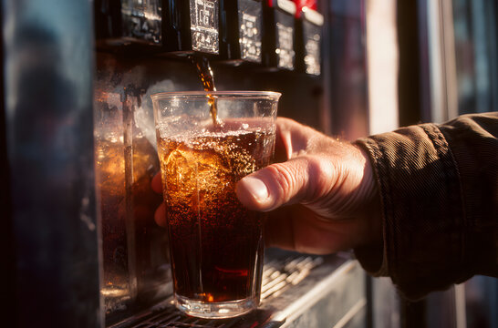 man pours a fizzy drink into a paper glass from a cola machine