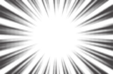 Halftone sun rays pattern. Abstract halftone vector dots overlay background. Monochrome dots pattern. Vector background in comic book style with sunburst rays and halftone. Retro pop art design.