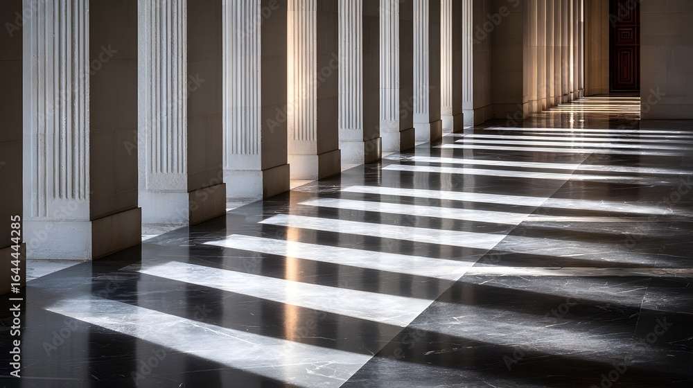 Aufkleber sunlight streams through columns onto a patterned floor.