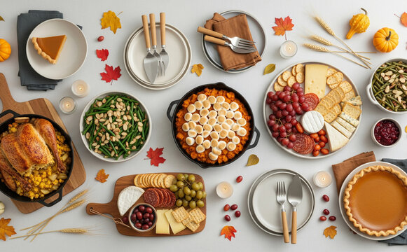 Artistic Flatlay Of Friendsgiving Potluck With Various Homemade Dishes