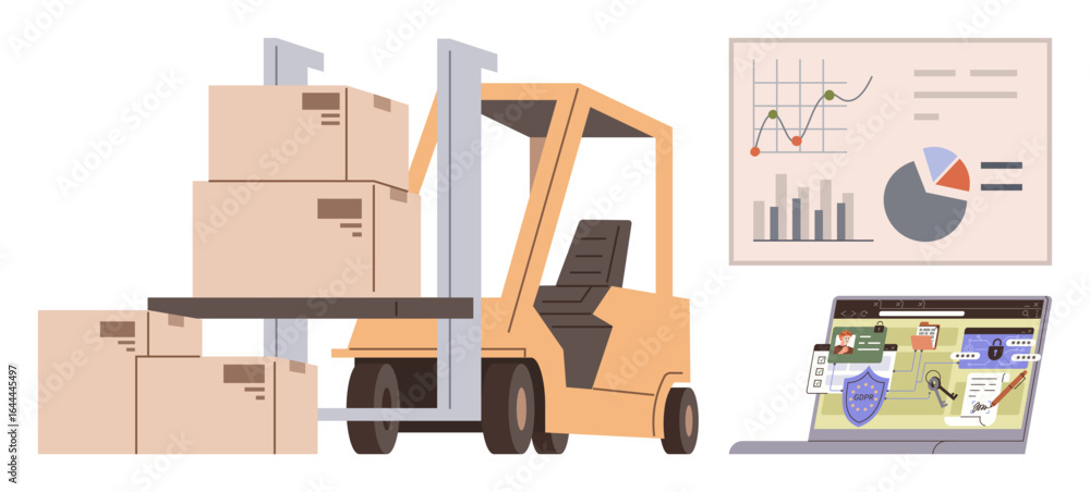 Poster forklift lifting stacked boxes beside laptop with logistics interface and chart showcasing analytics