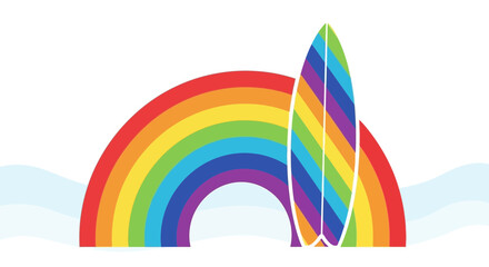 Vibrant rainbow and surfboard illustration for summer fun and colorful vibes