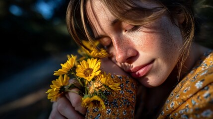 Woman with Freckles Smelling Yellow Flowers CloseUp Sunlight.