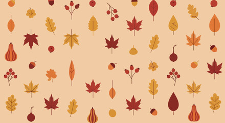 Warm autumnal foliage seamless pattern with pumpkins, leaves and berries in warm colors creates cozy seasonal vibe