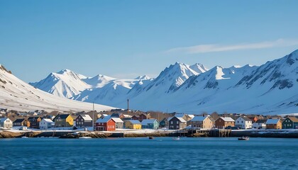 Colorful houses in Longyearbyen, Svalbard, Norway with snow mountains
