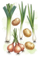 Watercolor and Ink Harvest: A Vibrant Medley of Leeks, Onions, and Potatoes