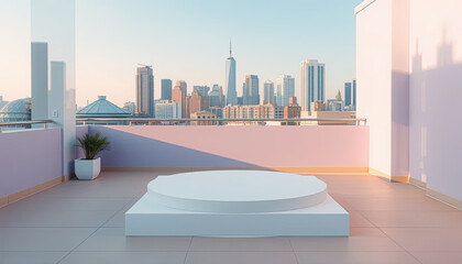 Obraz premium Minimal rooftop terrace background with round white podium and panoramic city skyline view under soft morning light, high resolution scene for graphic design, banner, and creative digital artwork proj