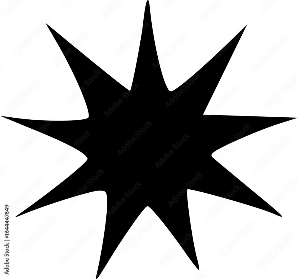 Poster a bold black silhouette of an eight-pointed starburst with sharp, dynamic points on a plain white ba