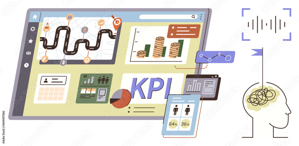 Poster digital dashboard displaying kpi metrics, route planning, bar graphs, charts, and demographic analyt