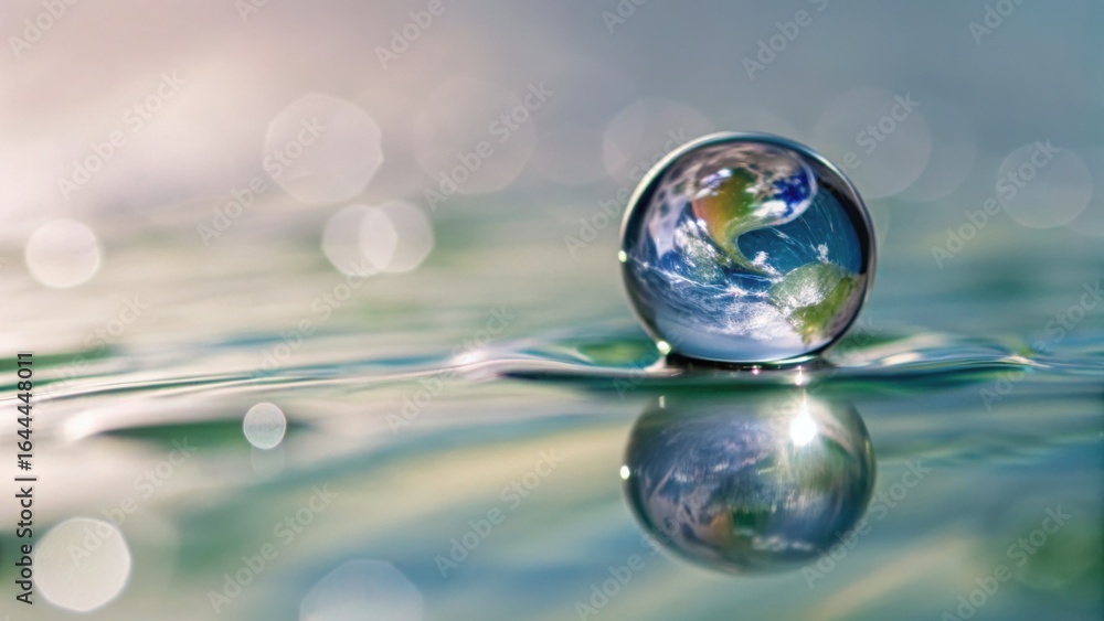 Poster droplet reflection of earth in water surface with soft bokeh background