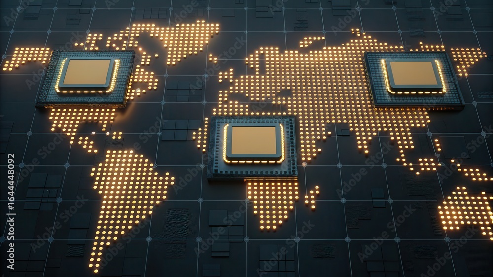 Poster artistic representation of continents shaped with circuit elements