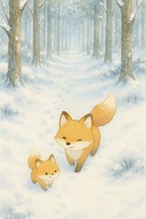 雪の森を歩くキツネ親子の可愛い冬イラスト