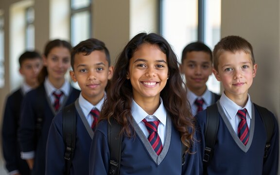 Diverse students wearing uniforms in school. High quality