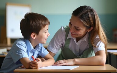 Fototapeta premium Teacher interacting with schoolboy in classroom. High quality