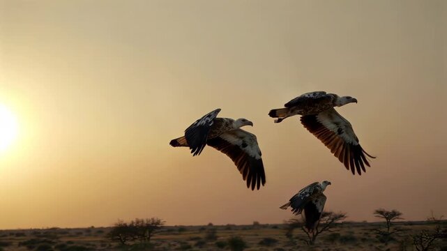 The eagle spreads its wings and flies under the setting sun. The eagle soars in the golden sunset