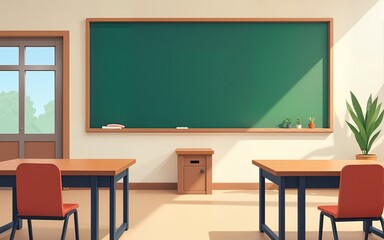 Fototapeta premium back and front view modern school classroom interior chalk board teacher desk empty no people horizontal banner flat. High quality