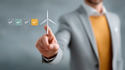 Businessman points to a small wind turbine model, symbolizing a commitment to renewable energy solutions. Generative AI