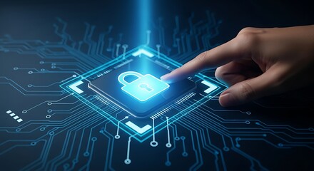 Finger Touching a Glowing Blue Padlock Icon on a Digital Circuit Board Background cybersecurity digital security