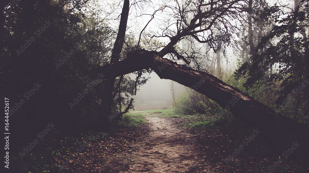 Poster fallen tree arching over a path in a misty forest.