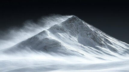 Snowy mountain peak with blowing snow against a dark sky.