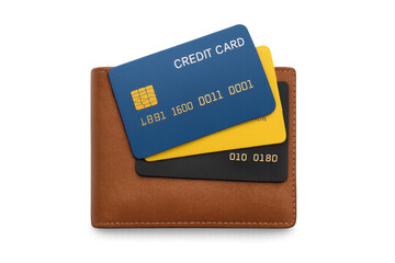 Leather wallet containing credit cards on transparent background