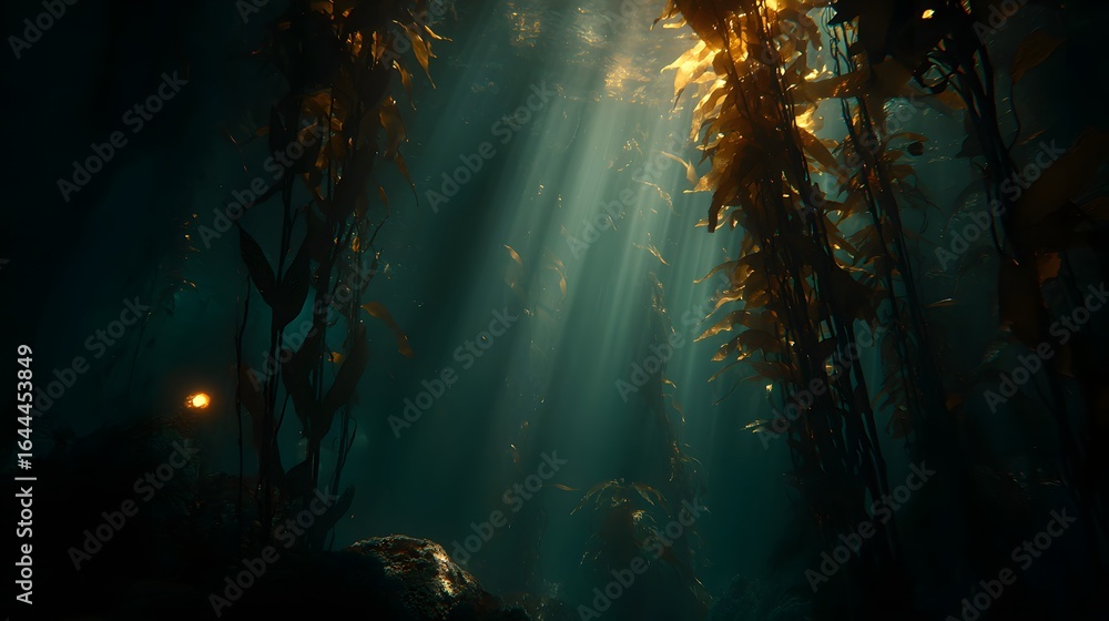 Aufkleber sunlight filtering through kelp forest in deep ocean.
