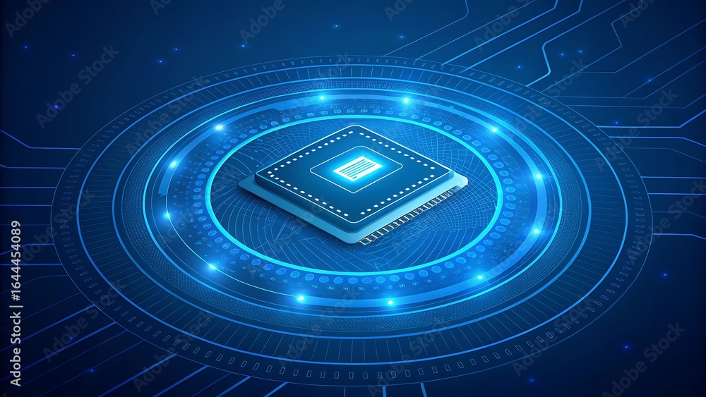 Poster glowing blue microchip circuit board processor technology