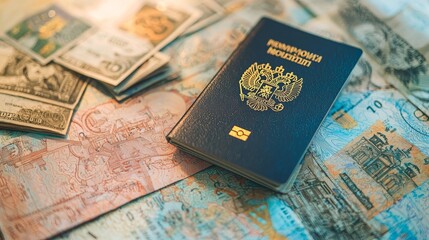 500 USD under passport. Editorial photo. Tourism with a foreign passport.