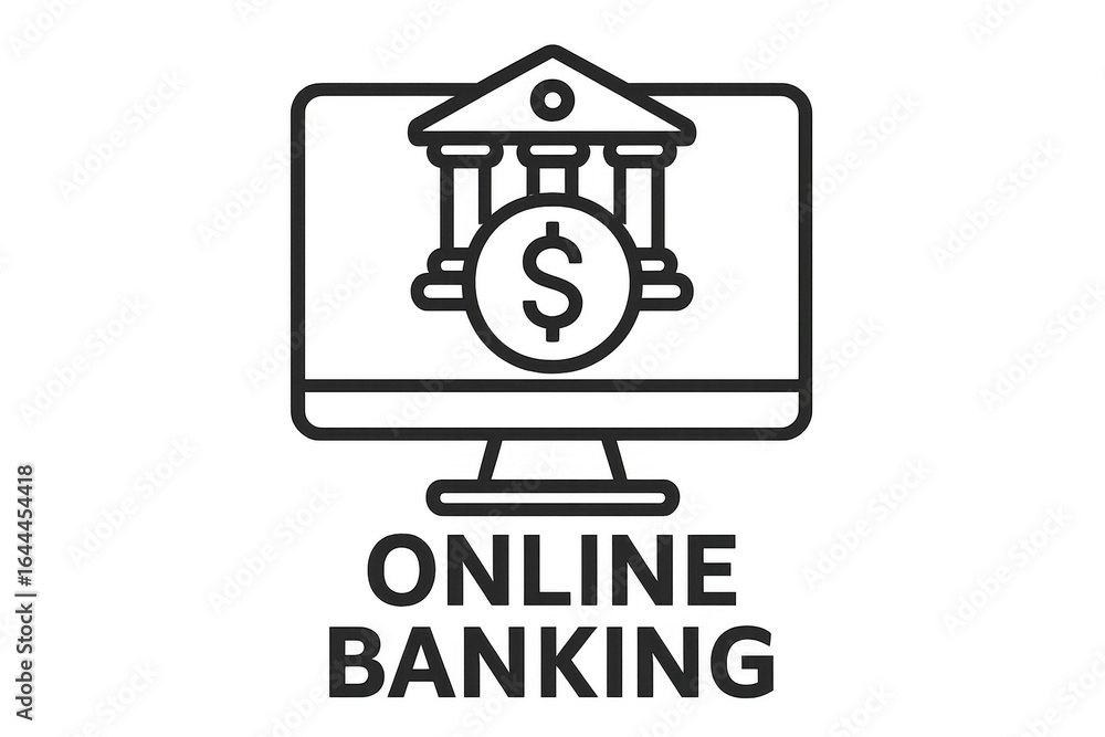 Aufkleber online banking with bank icon and dollar coin on computer screen with transparent background