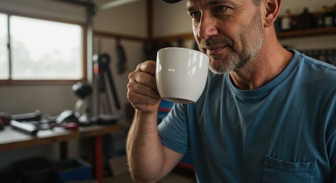 Middle-aged man holding coffee mug in workshop, lifestyle style, concept of morning comfort and relaxation, use for hobby and work themes, horizontal