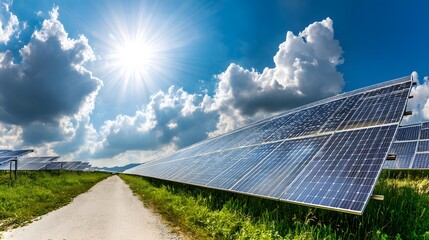 Extensive solar panel array under a partly cloudy sky.