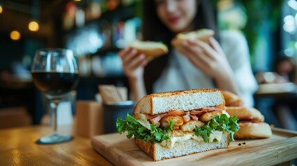 beautiful woman eating roasted sandwich at bar restaurant