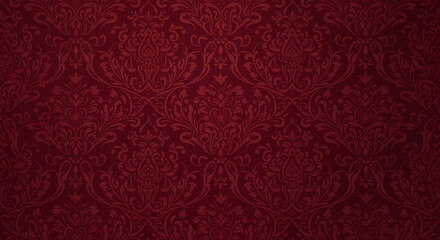 Classic red damask wallpaper with an ornate seamless floral and swirl pattern.