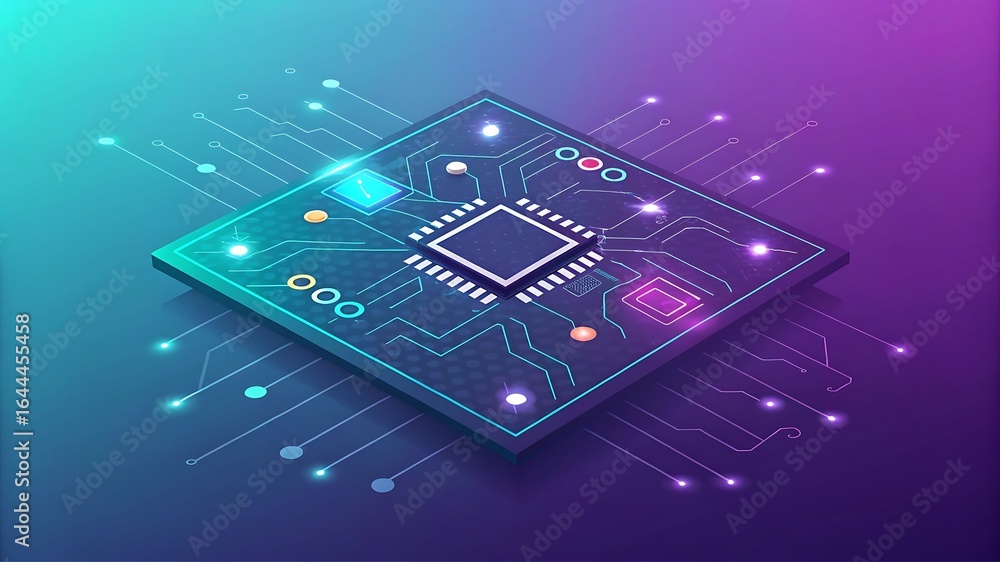 Poster glowing microchip with intricate pathways and illuminated components