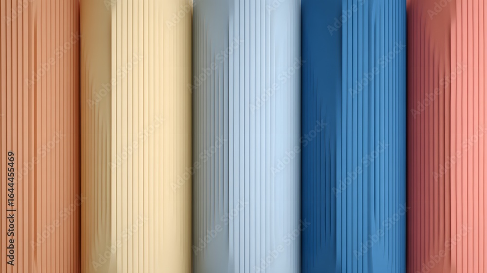 Poster multicolored cylindrical shapes with vertical ribbed patterns.
