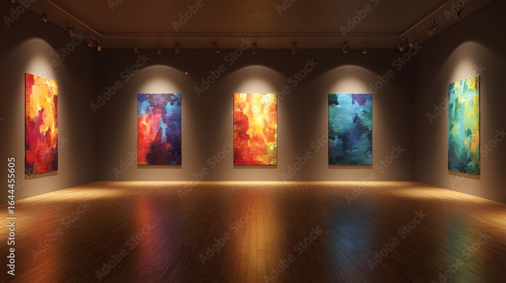 Poster empty gallery space with colorful abstract paintings.