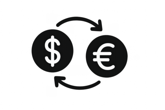 Currency exchange icon showing converting us dollar to euro with transparent background