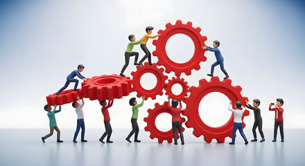 Teamwork Synergy: A collaborative image showcasing miniature figures harmoniously assembling cogs, symbolizing unity, collaboration, and the power of working together to achieve common goals.