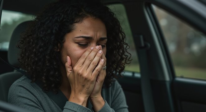 Crying woman covering face with hands in car, emotional concept of stress, fear, sadness and mental health awareness, suitable for dramatic stories, horizontal