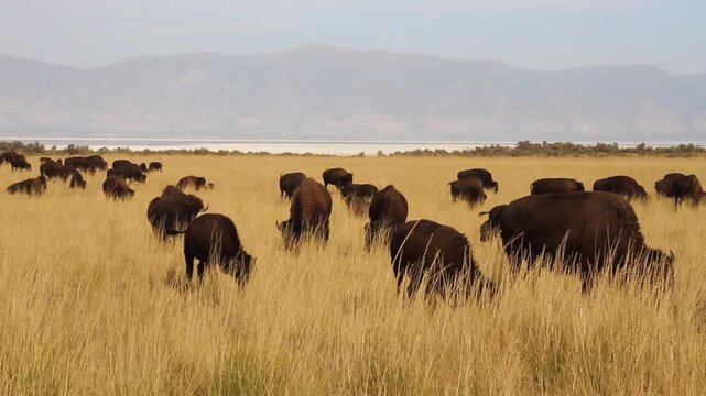 Bison graze in tall grass at Antelope Island State Park, in the middle of the Great Salt Lake in Utah