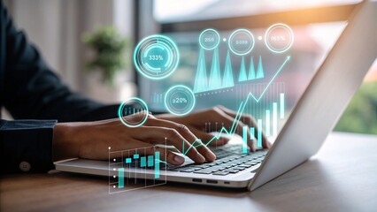 Dynamic financial analytics visualized on laptop, empowering business growth and data-driven decisions.