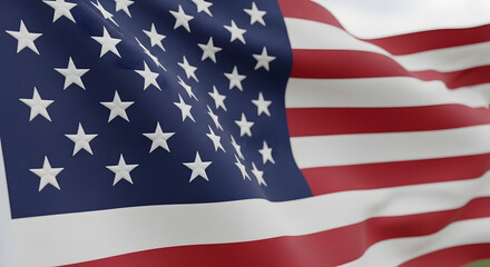 Fototapeta premium American Flag in the Wind: The iconic American flag billows gracefully in the wind, its stars and stripes a vibrant symbol of freedom and national pride.