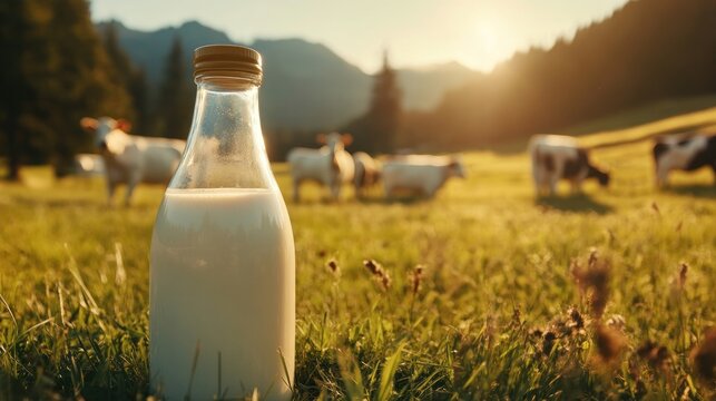 A glass bottle of milk in a grassy field with cows and mountains in the background.