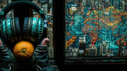 Global Soundscape: Orange, Headphones, and Cityscape